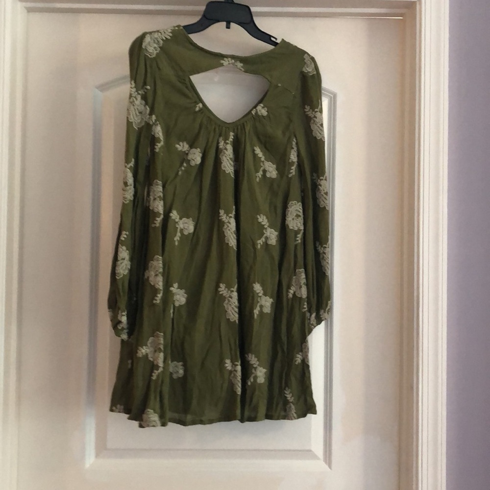 Free People Olive Green Mini Dress with Cream Floral Embroidery - Picture 5 of 8